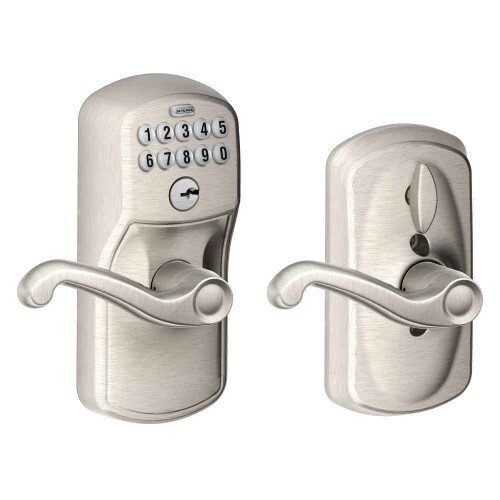 Schlage Keypad Lever with Plymouth Trim and Flair Lever with Flex Lock - Satin Nickel