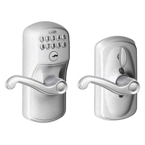 Schlage Keypad Lever with Plymouth Trim and Flair Lever with Flex Lock - Satin Chrome