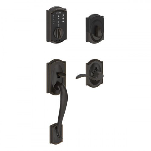 Schlage Touch Keyless Touchscreen Deadbolt with Camelot Trim Paired with Camelot Handleset and Accent Lever with Camelot Trim - Right Hand - Aged Bronze