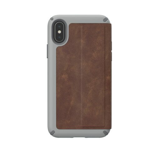Speck Presidio Folio Leather iPhone XS / X Case - Saddle Brown/Light Graphite Grey