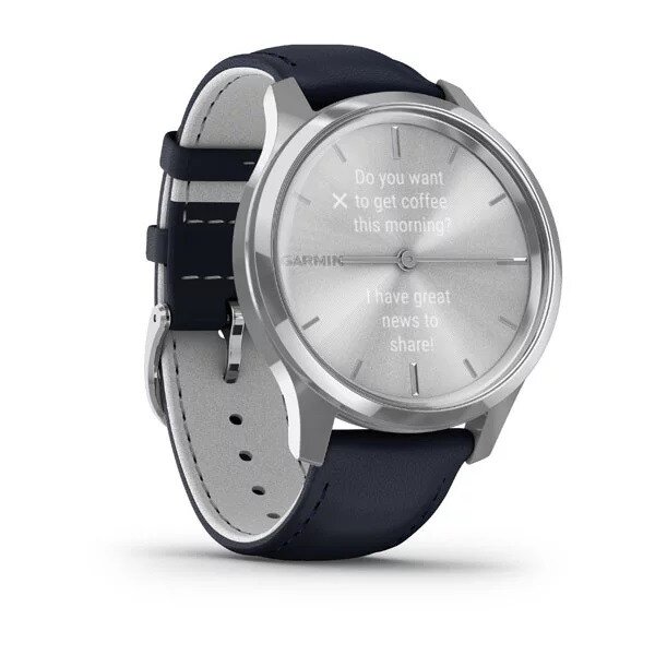 Garmin vivomove Luxe Hyprid Smart Watch - Silver Stainless Steel Case with  Navy Italian Leather Band - 42mm